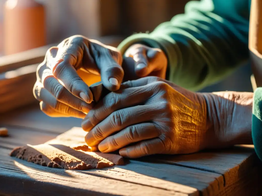 Un artesano tradicional moldea con destreza arcilla en una mesa de madera desgastada, bañado por la cálida luz solar