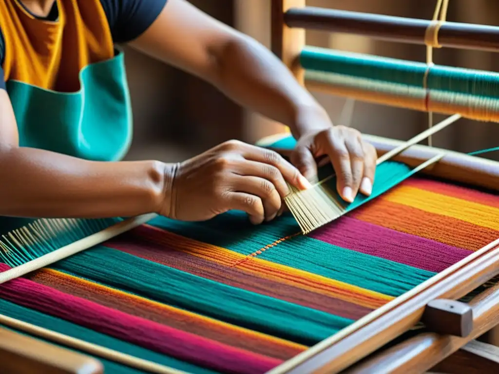 Tejedora artesanal crea tapiz colorido en telar de madera Un artesano tradicional teje con destreza una colorida y elaborada tela en un telar de madera, fusionando artesanía tradicional con animación cultural