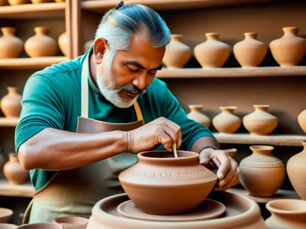 Un artesano tradicional moldea con destreza una pieza de cerámica, iluminado con calidez