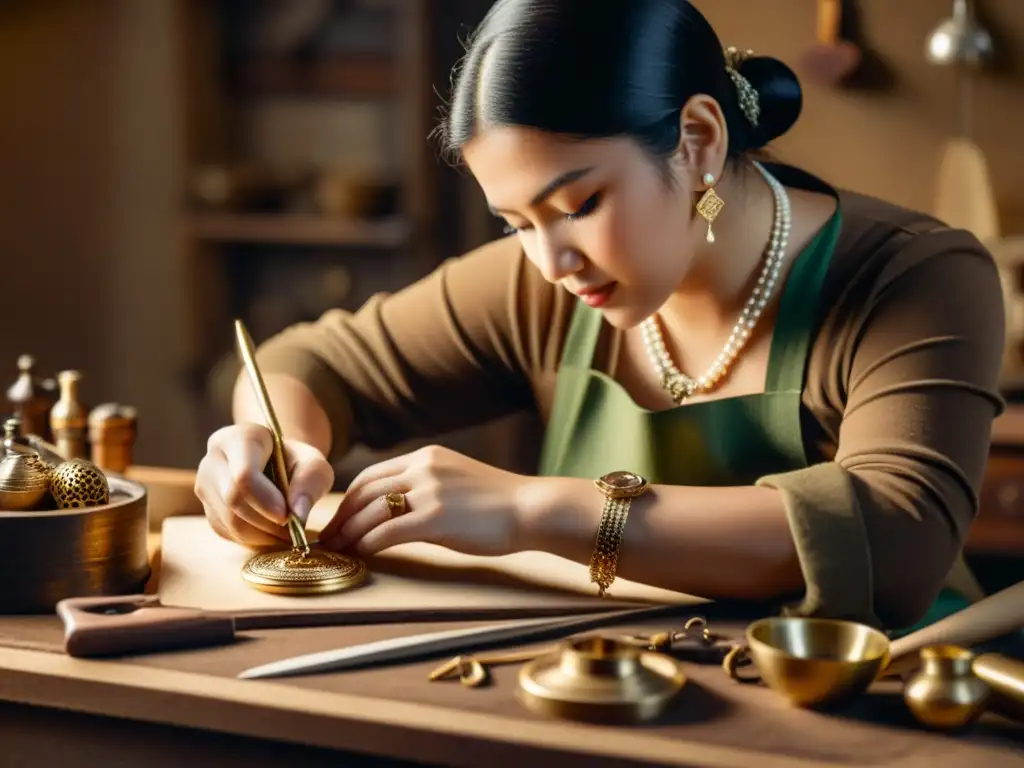 Un artesano de joyería tradicional crea con destreza una pieza delicada, rodeado de herramientas y materiales vintage