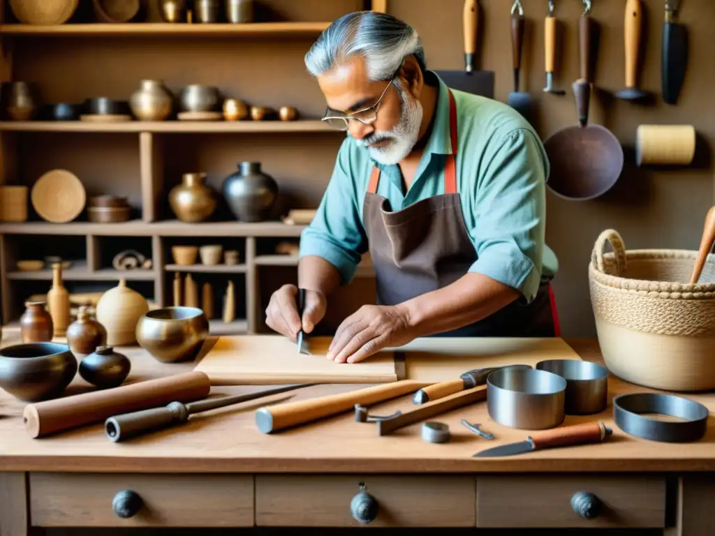 Un artesano tradicional crea con destreza una pieza, mostrando la fusión de la artesanía tradicional en la era digital