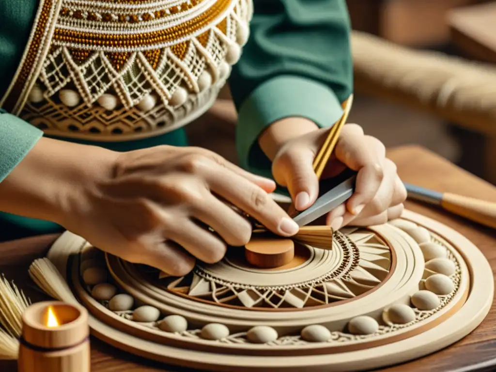 Un artesano tradicional crea con destreza, rodeado de datos y anuncios digitales