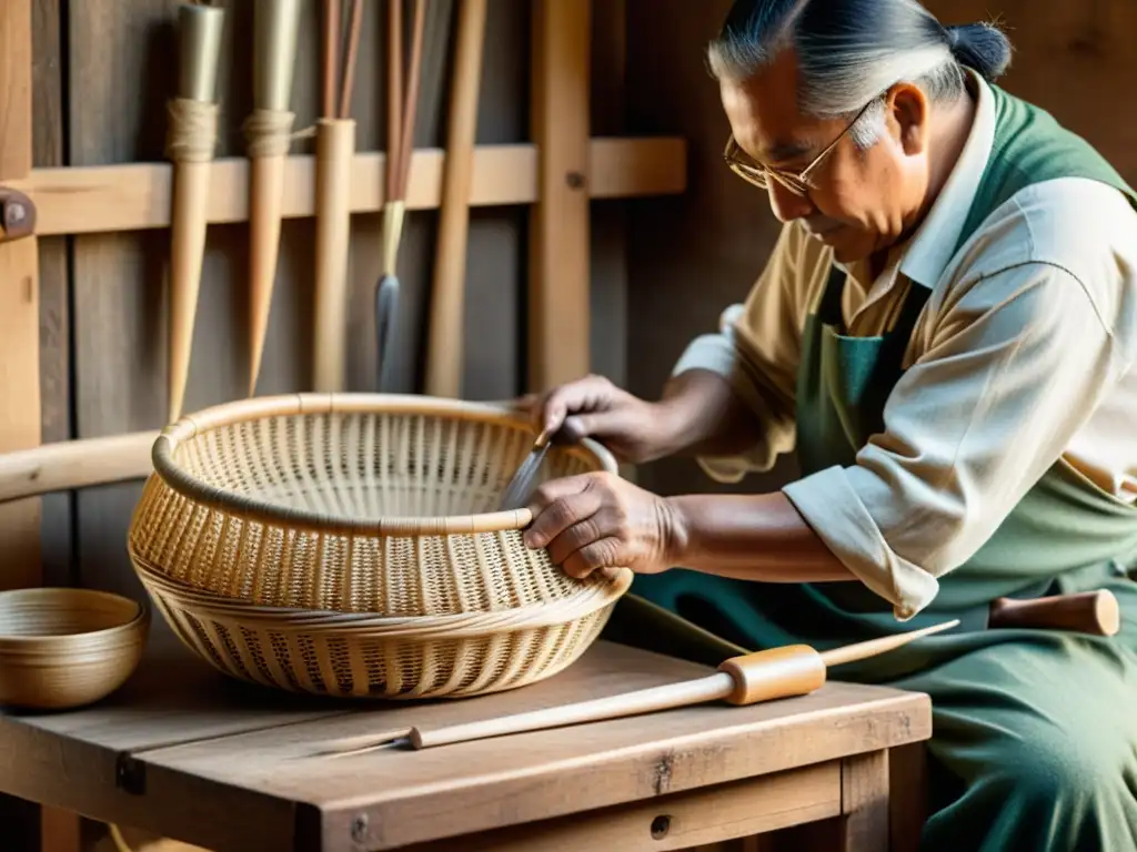 Artesano tejiendo cestería tradicional en la era digital con hábiles manos y cálida iluminación sepia