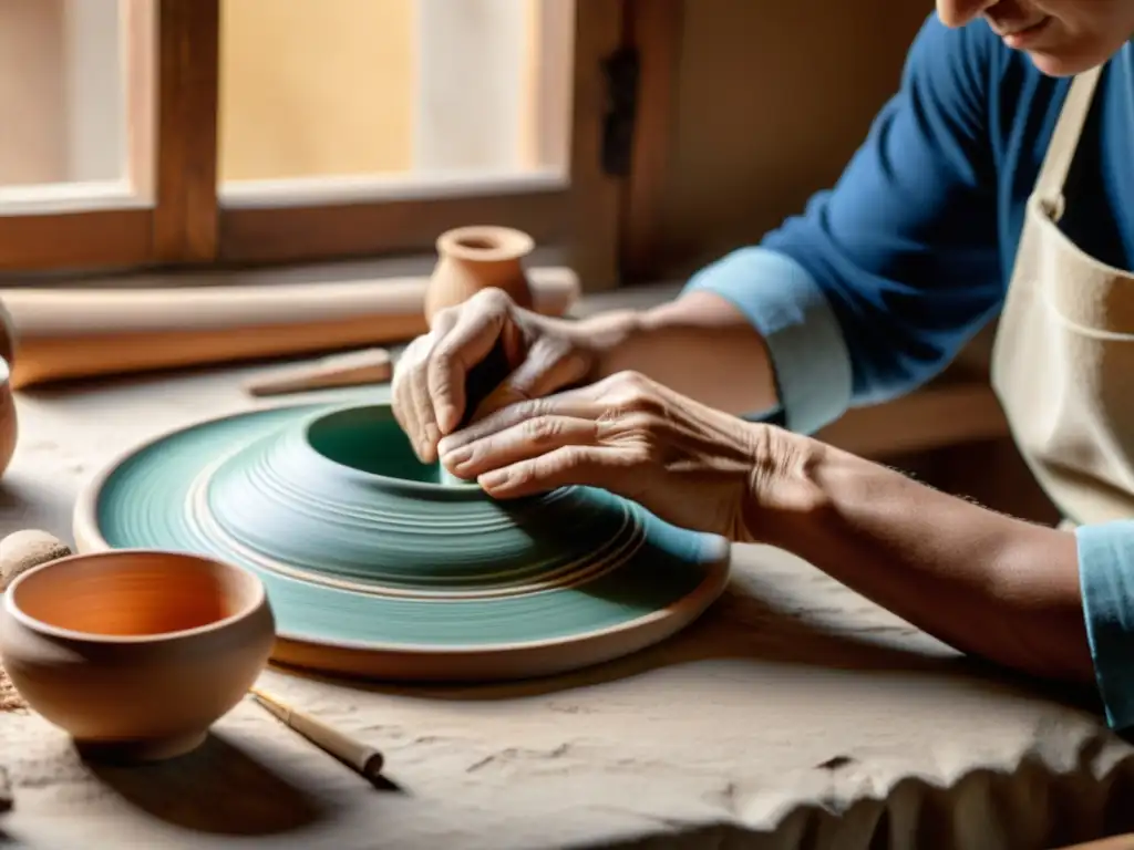 Un artesano tradicional crea diseños intrincados en cerámica, rodeado de herramientas y materiales vintage