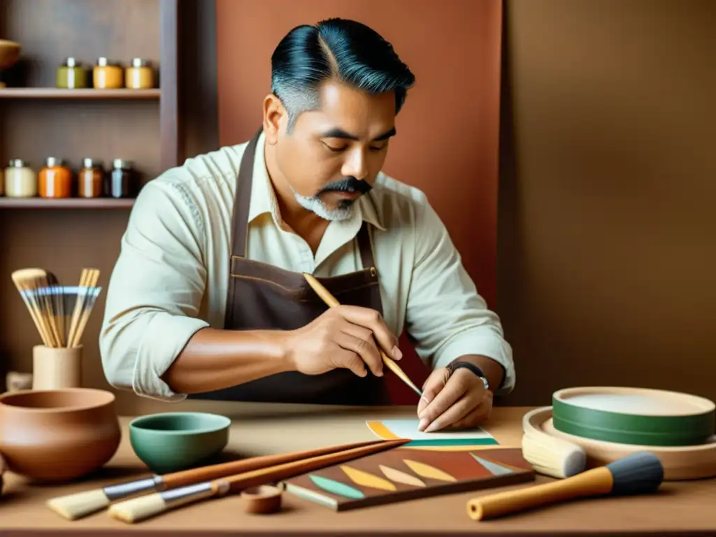 Un artesano tradicional pinta diseños intrincados en un banner de marketing digital, fusionando artesanía y tecnología