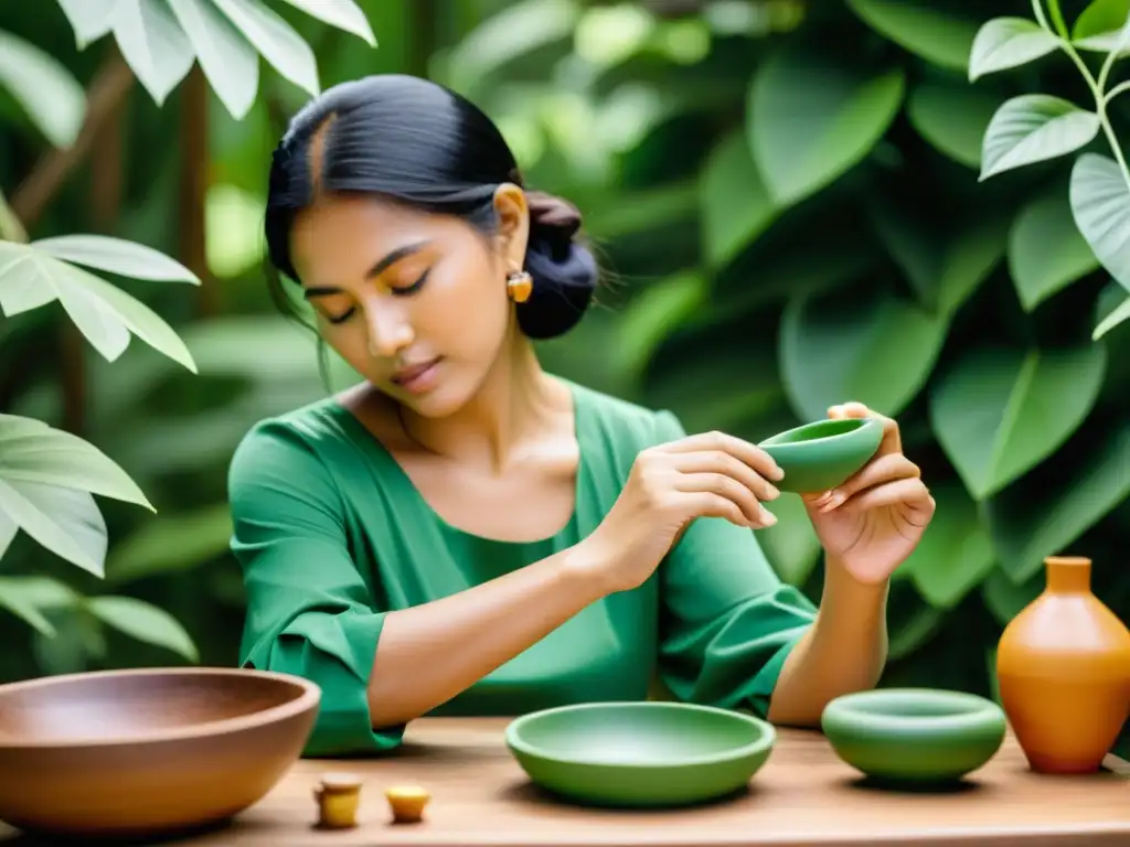 Un artesano tradicional crea joyería con bioplásticos en un entorno natural, fusionando tradición y sostenibilidad