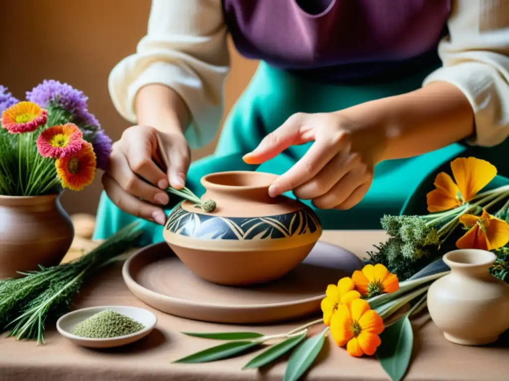 Un artesano tradicional preserva la flora en una fotografía de estilo vintage, creando una pieza de cerámica floral intrincada