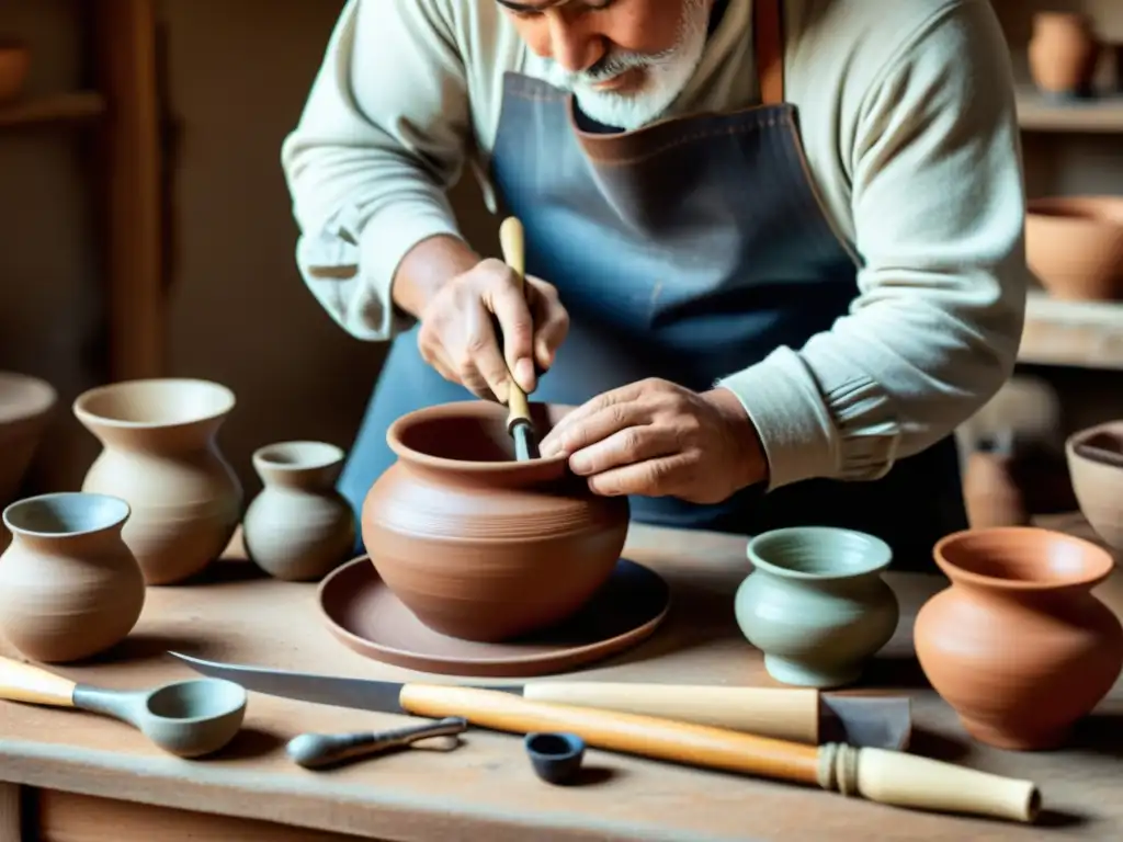 Un artesano tradicional moldea una hermosa pieza de cerámica rodeado de herramientas en tonos cálidos y terrosos