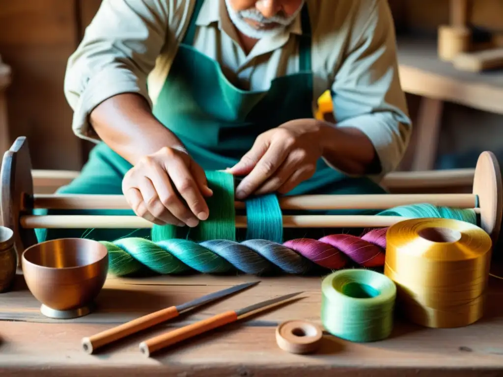 Un artesano tradicional tejiendo hilos coloridos en un taller rústico, evocando la herencia y la artesanía