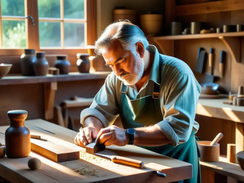 Un artesano tradicional tallando madera con herramientas vintage en un taller iluminado por la cálida luz del sol