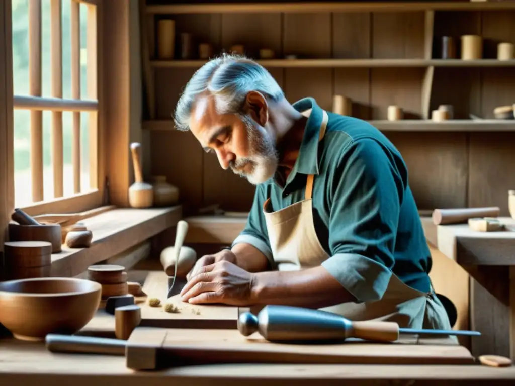 Un artesano tradicional tallando madera con herramientas, envuelto en luz natural