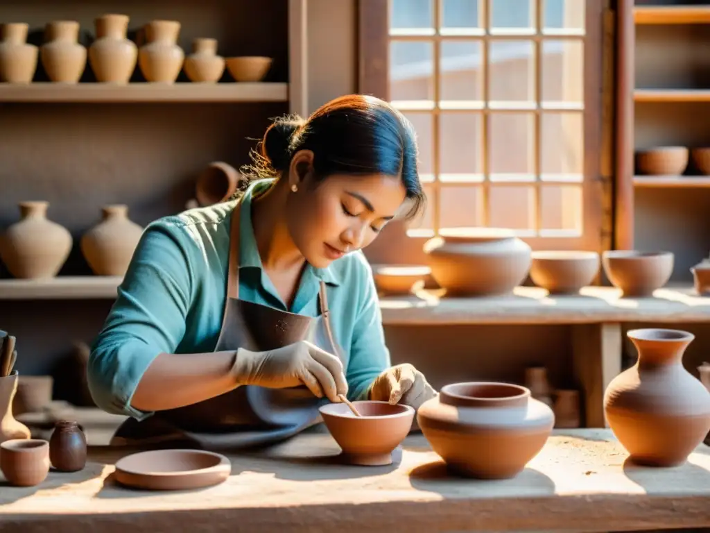 Un artesano tradicional moldea a mano cerámica rodeado de herramientas rústicas