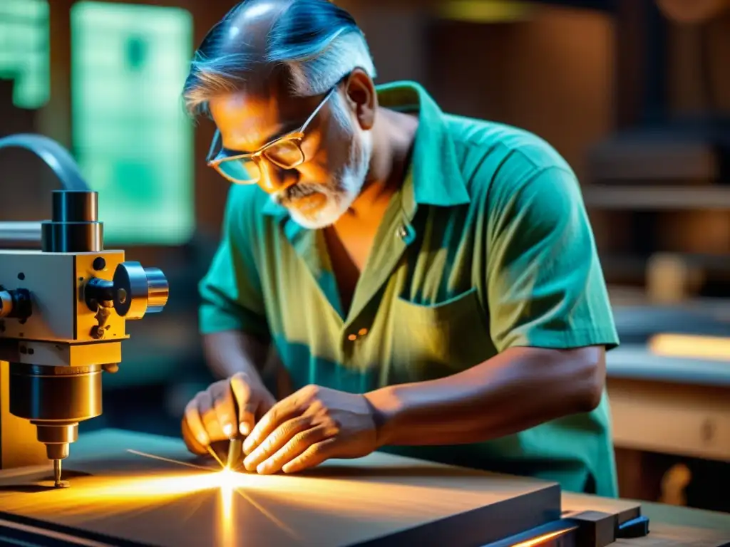 Un artesano tradicional opera una maquinaria CNC en un taller, fusionando técnicas ancestrales con tecnología moderna