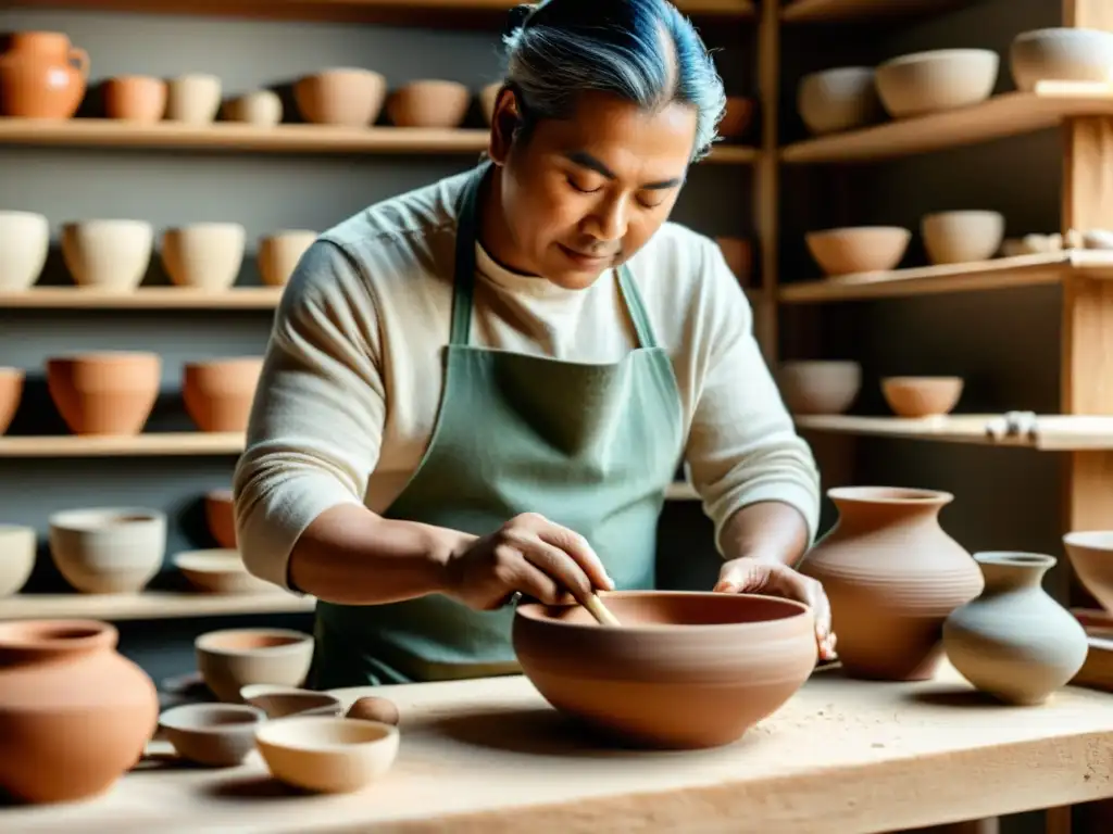 Un artesano tradicional moldea una pieza de cerámica con materiales sostenibles en un taller cálido y acogedor