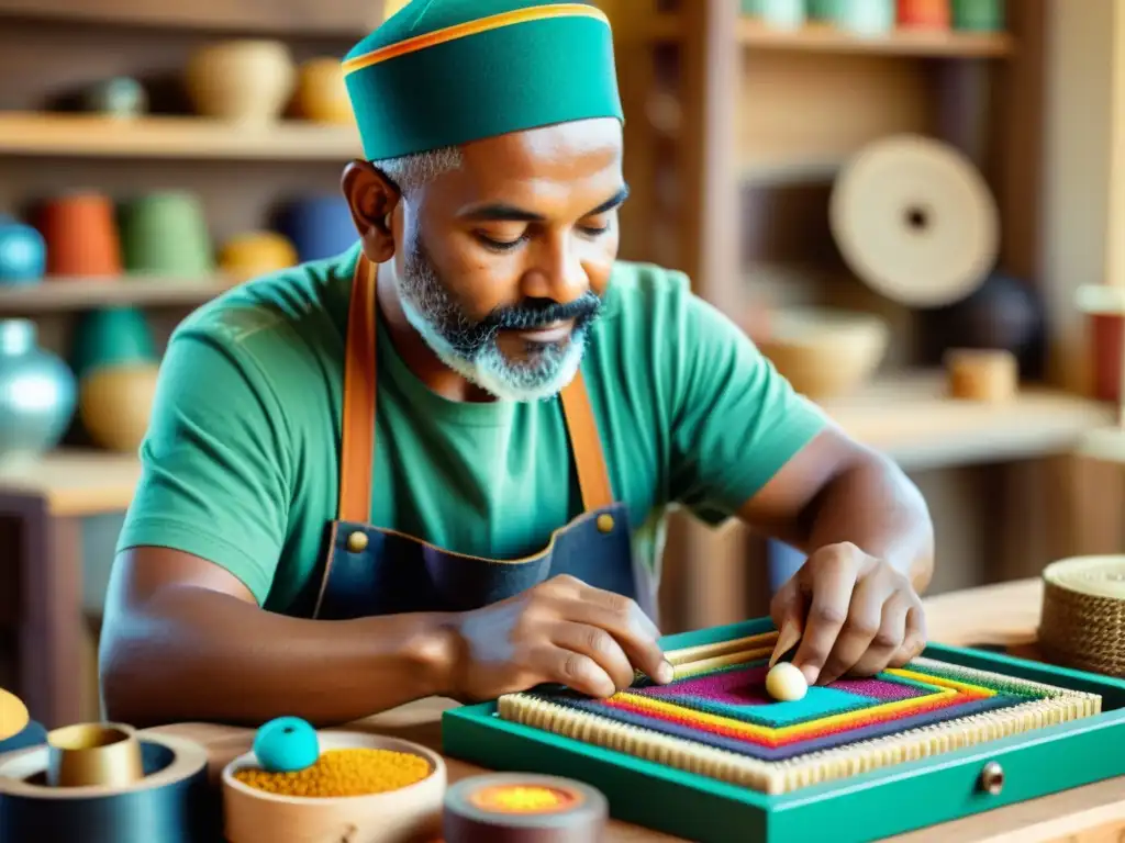 Un artesano tradicional crea una pieza única con materiales reciclados, rodeado de color y dedicación, en un ambiente vintage con toques modernos