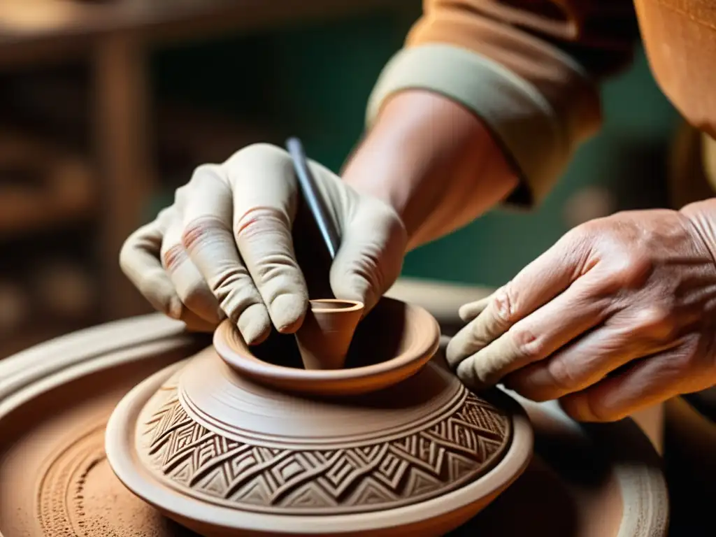 Un artesano tradicional moldea con precisión una pieza de cerámica, destacando la artesanía y dedicación en un ambiente nostálgico y evocador