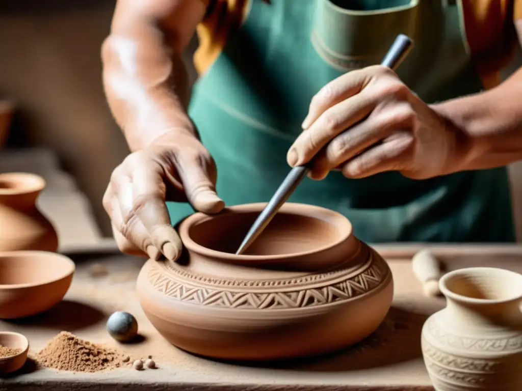 Un artesano tradicional moldea con precisión una pieza de cerámica, destacando la artesanía y la dedicación a la tradición