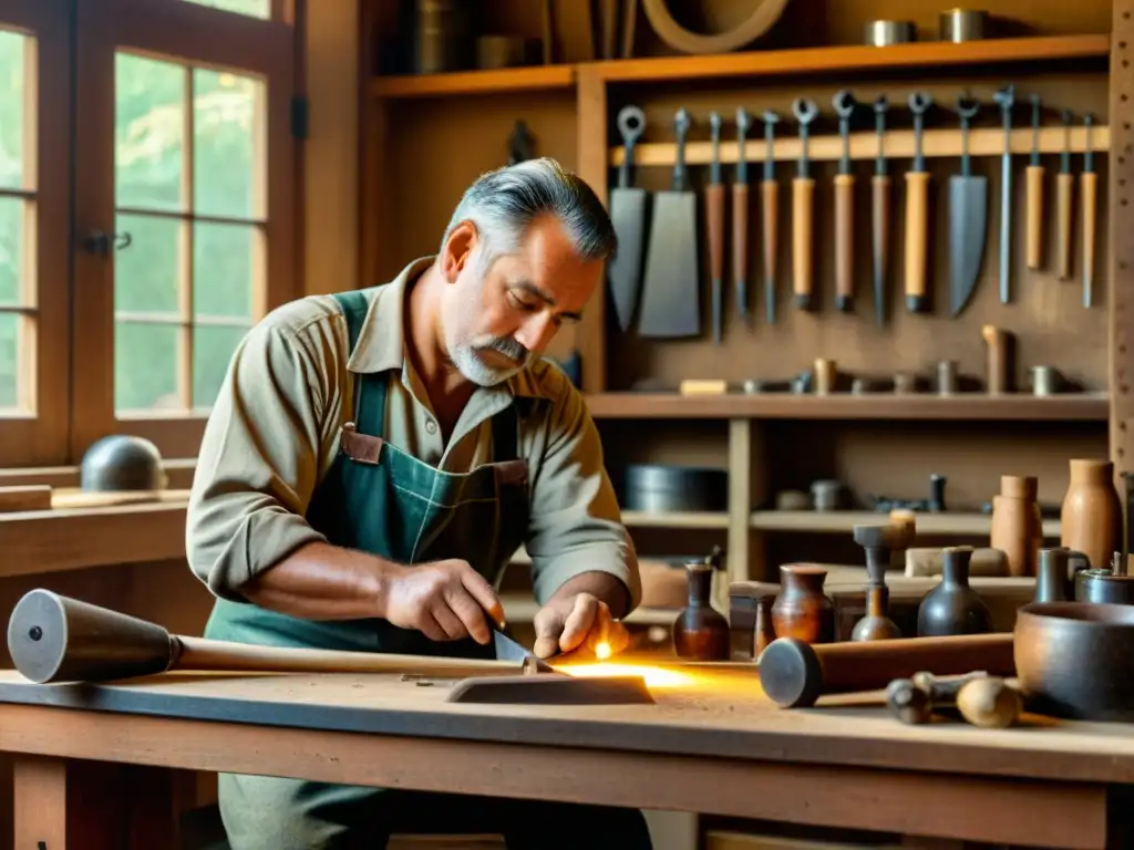 Un artesano tradicional crea con precisión, rodeado de herramientas, en una cálida luz