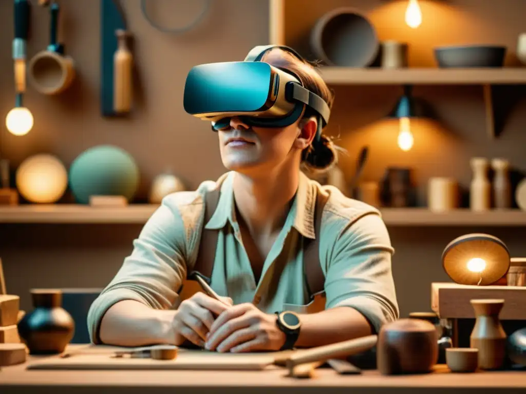 Artesano tradicional explorando mercado virtual con VR Un artesano tradicional explorando una realidad virtual llena de productos artesanales