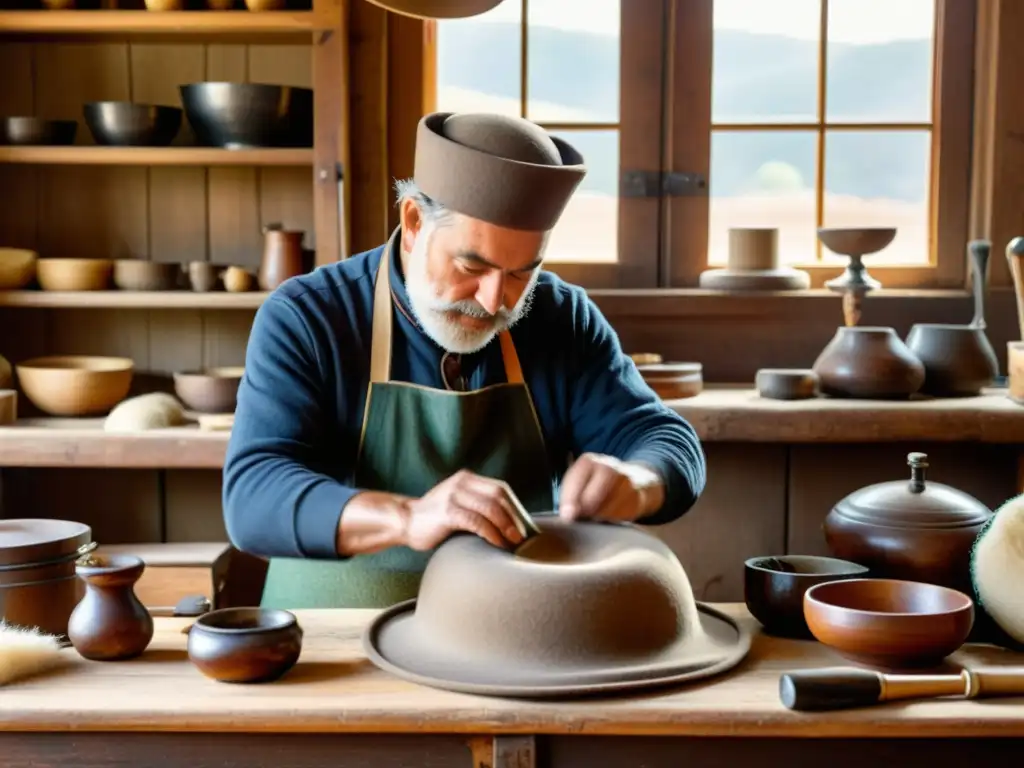 Un artesano de la sombrerería tradicional adapta a redes un sombrero de fieltro en un taller vintage, rodeado de herramientas antiguas