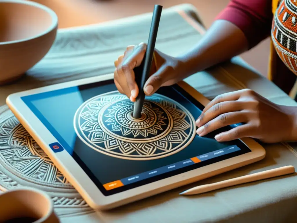 Artesano crea diseño tradicional con tablet digital, fusionando historia de marca artesanal digital con herencia artesanal