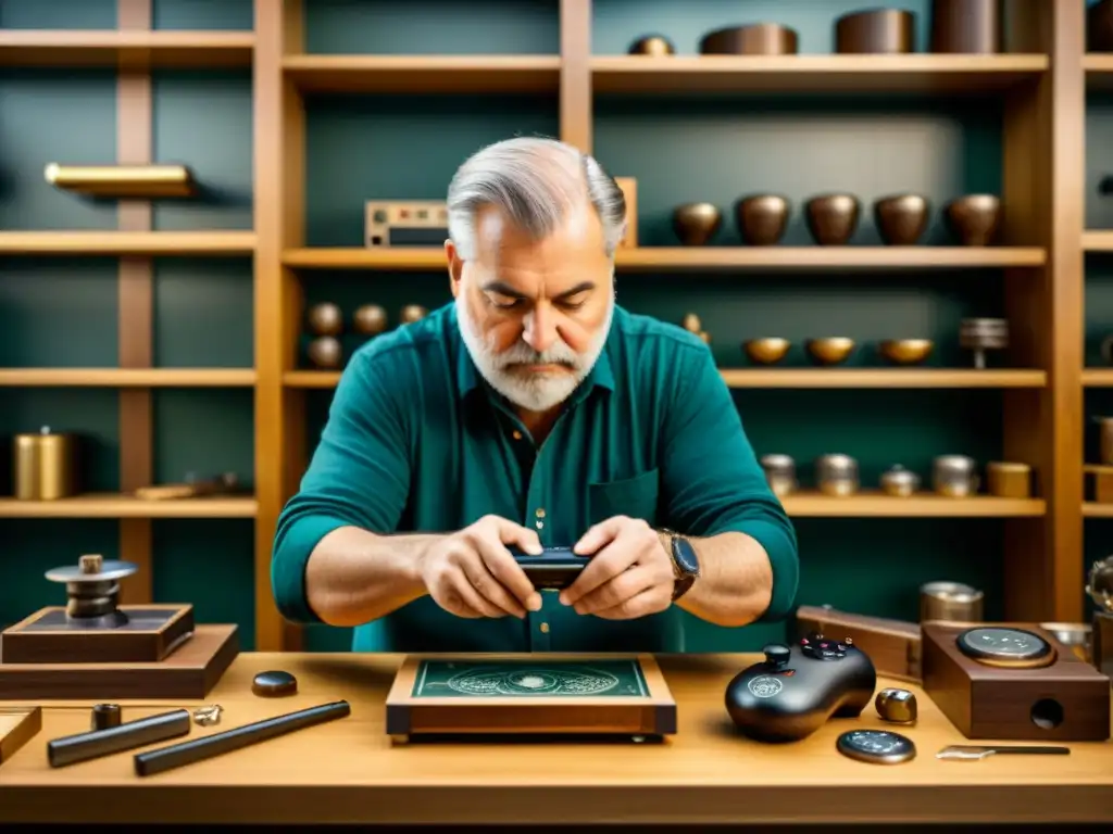 Un artesano tradicional talla delicados diseños en un control de videojuegos de madera, rodeado de herramientas vintage