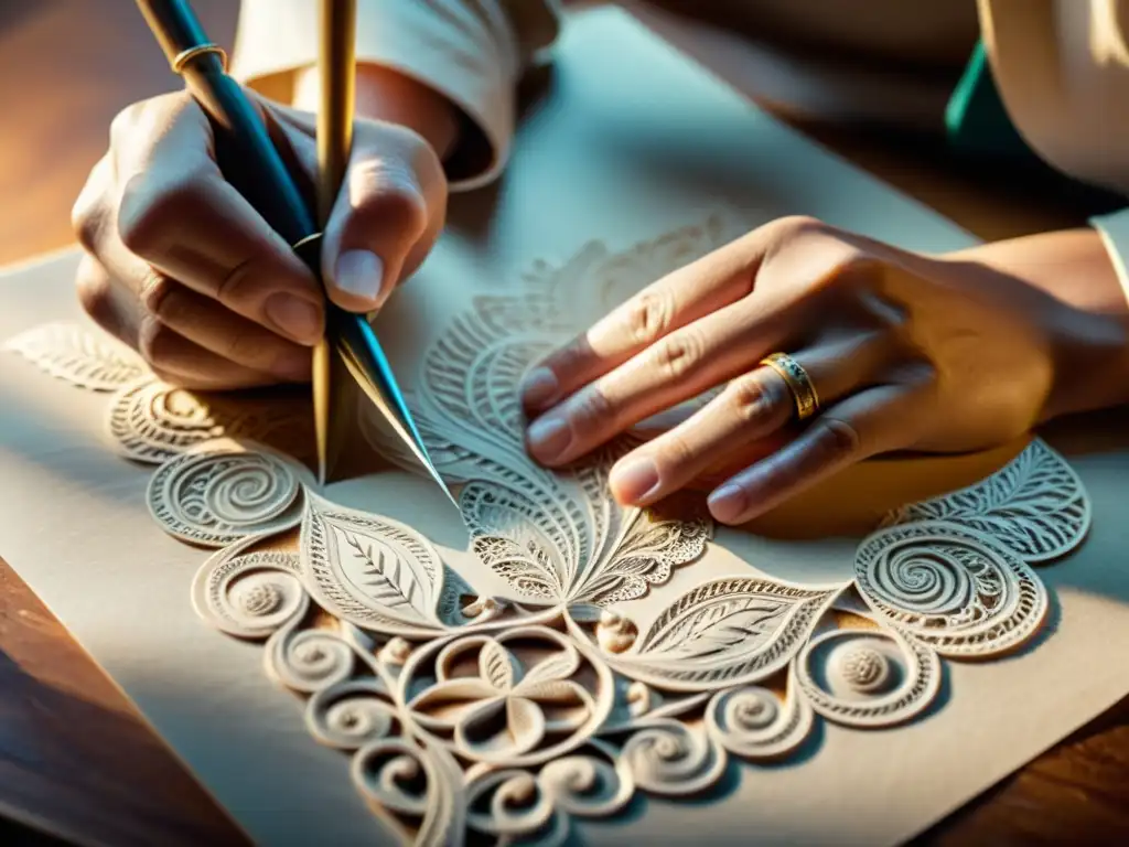 Un artesano tradicional talla intrincados diseños en papel, con luz suave y atmósfera nostálgica