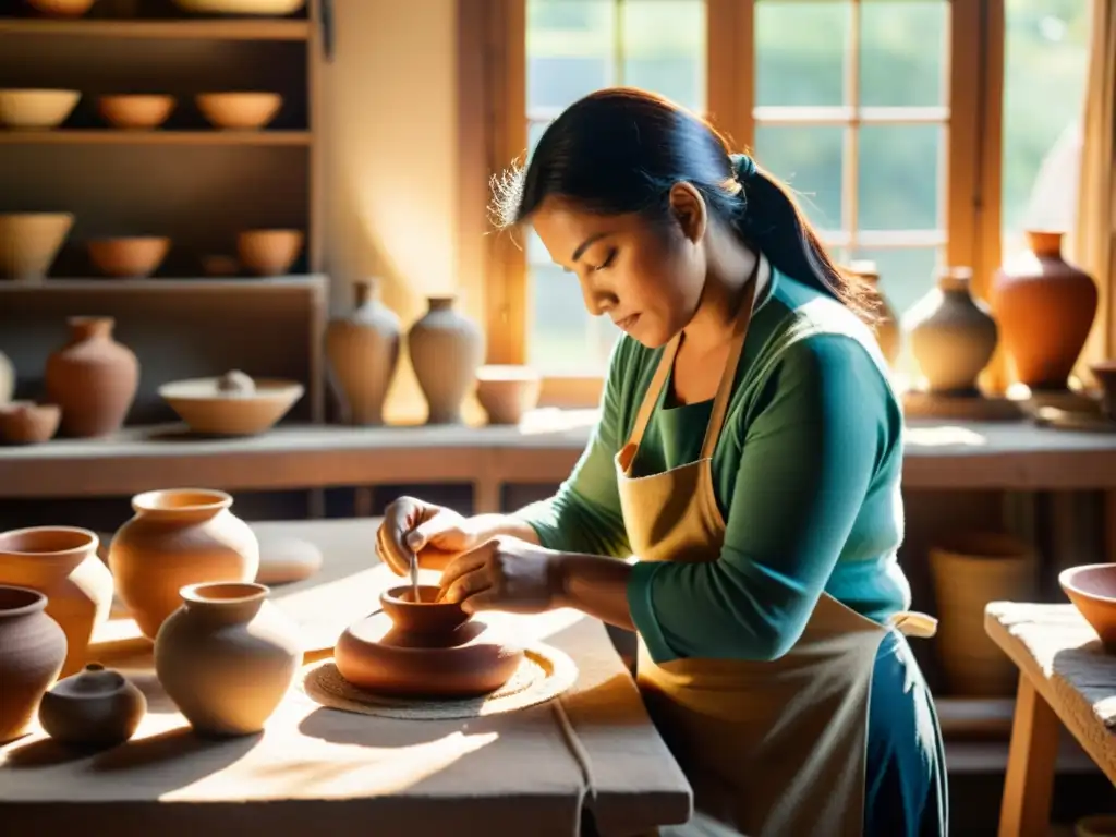 Un artesano tradicional trabaja en un taller soleado, rodeado de materiales naturales como madera, arcilla y textiles