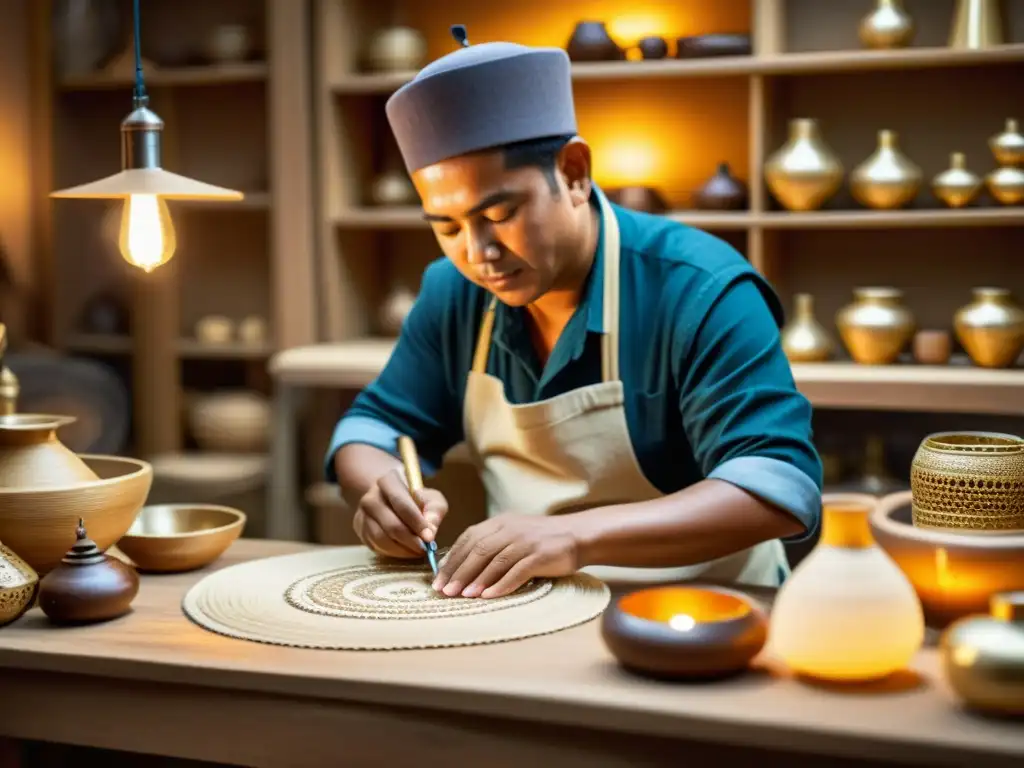 Un artesano tradicional utilizando tecnología limpia para crear artesanía detallada y sostenible, en una armoniosa fusión de tradición e innovación