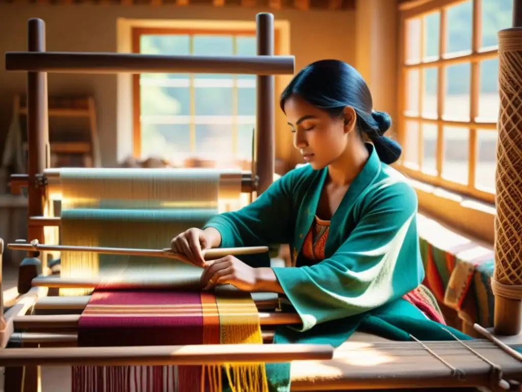 Un artesano tradicional tejiendo en un telar de madera, rodeado de hilos de colores vibrantes y patrones textiles intrincados