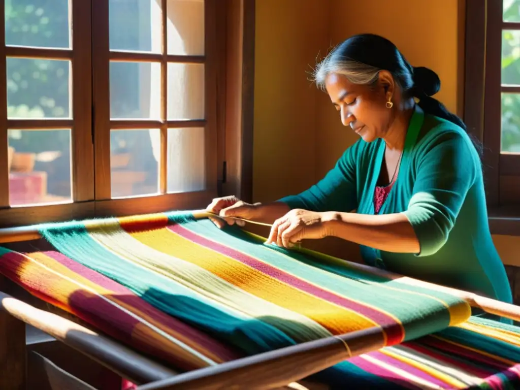 Un artesano tradicional tejiendo textiles con destreza bajo la cálida luz del sol