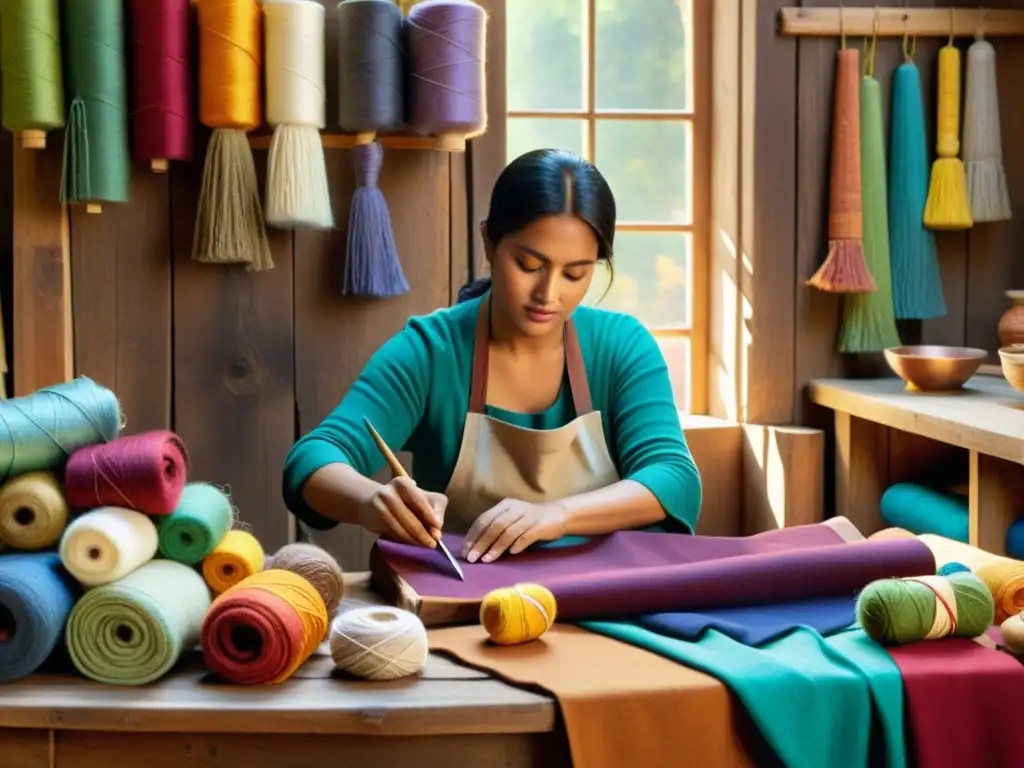 Un artesano tradicional crea textiles vibrantes entre hilos y telas coloridas, con una iluminación natural que realza los detalles