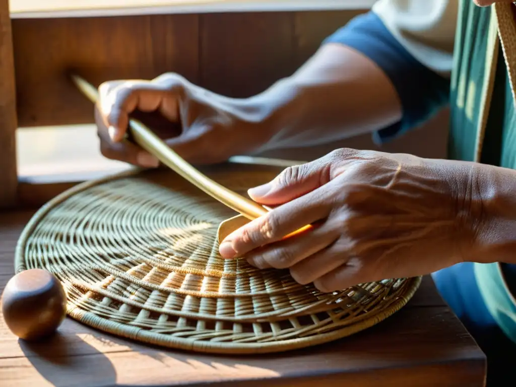 Artesanía ancestral: tejido de cestería con destreza Un artesano hábil teje meticulosamente cestería tradicional