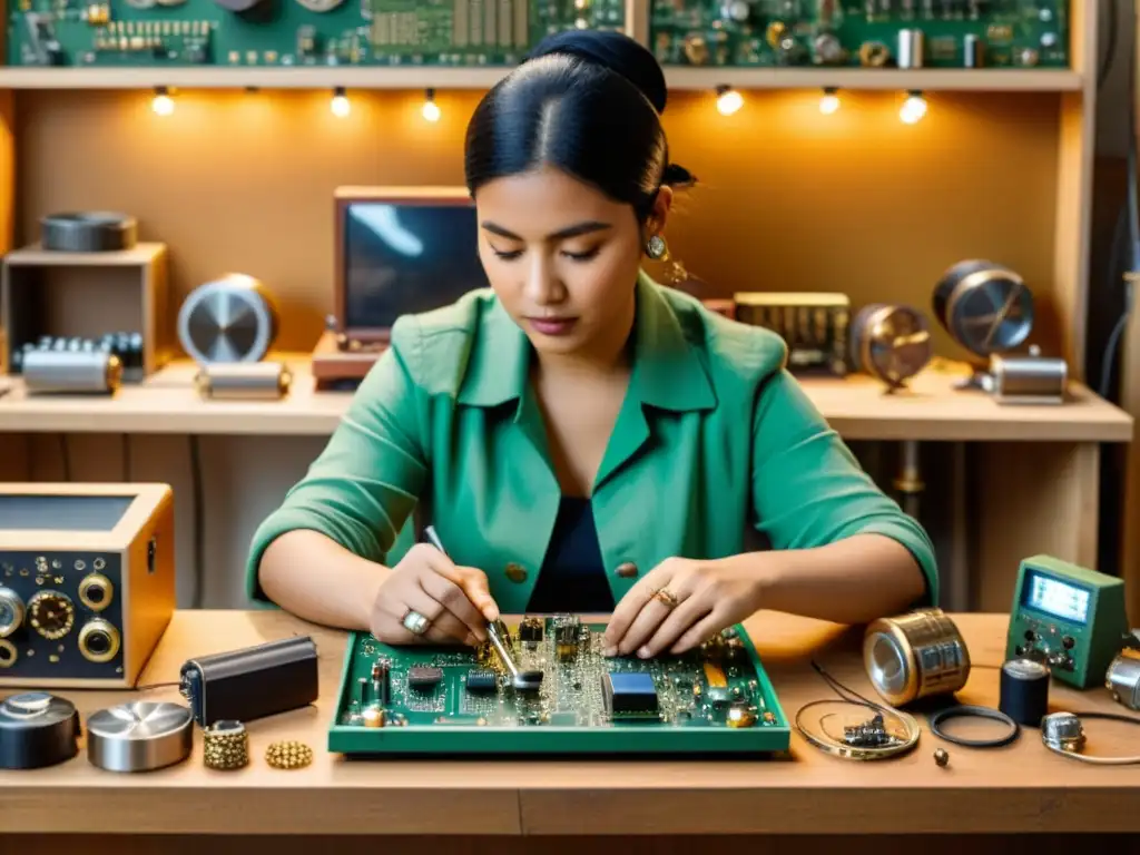 Artesano digital: fusionando lo antiguo y lo nuevo Artesano hábil crea joyería única con componentes electrónicos vintage, fusionando lo digital y lo tradicional con maestría