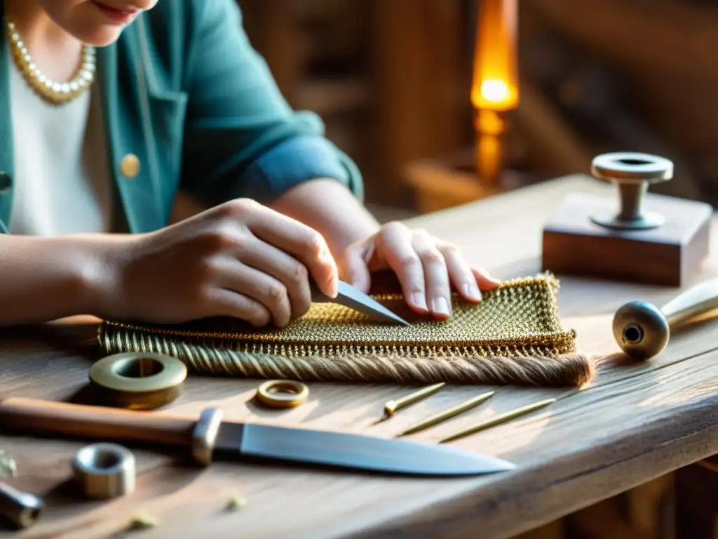 Un artesano crea joyería única, tejiendo historias cautivadoras con arte y pasión en su taller cálido y acogedor