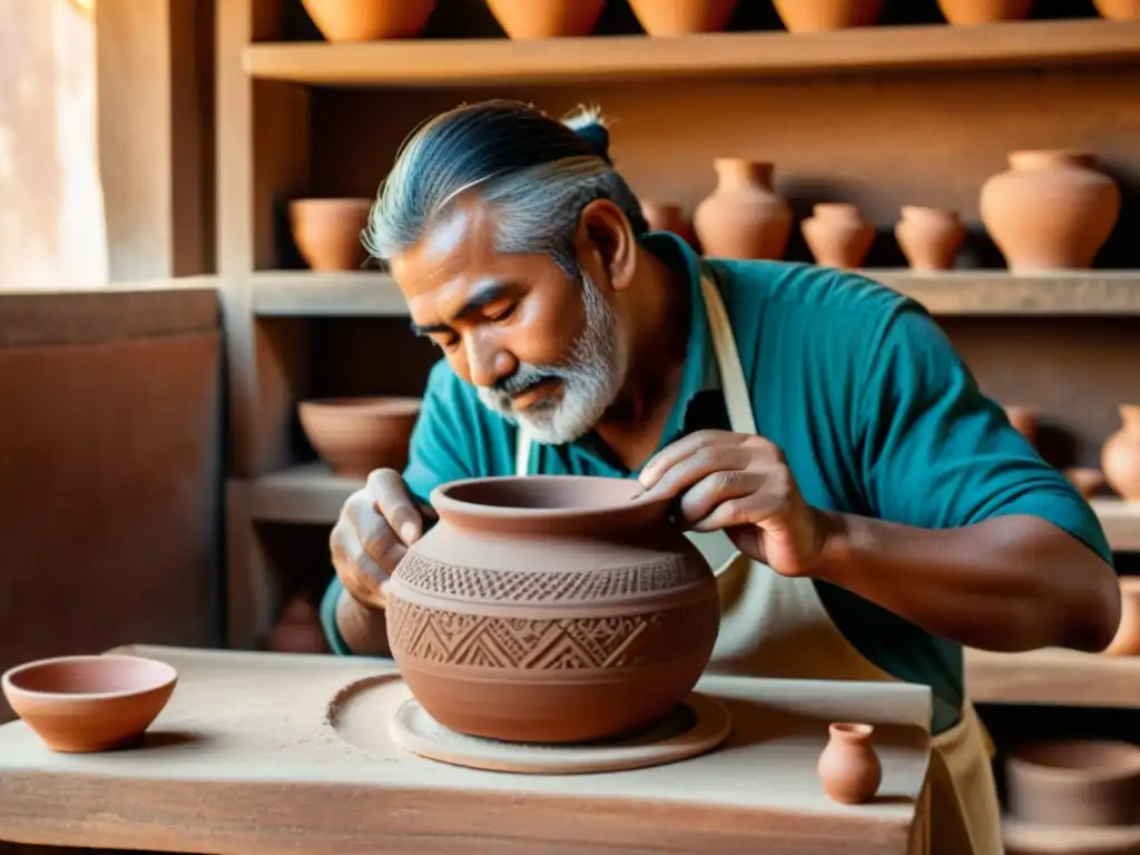 Un artesano tallando una vasija de barro, rodeado de coloridas artesanías