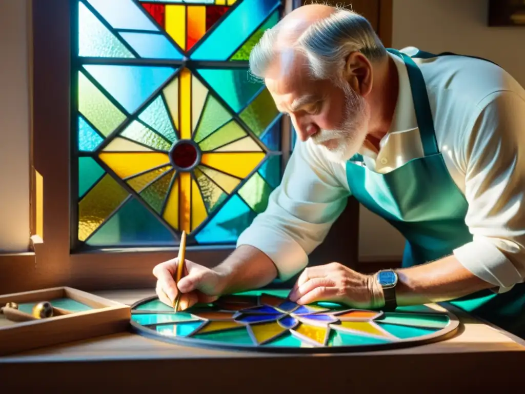 Un artesano crea una ventana de vitraux con destreza, iluminada por el sol