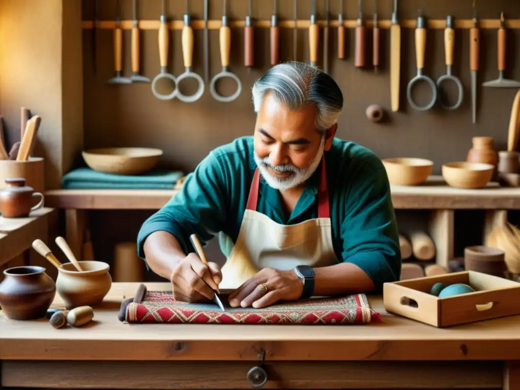 Artesano hábil tejiendo una vibrante artesanía tradicional en la era digital