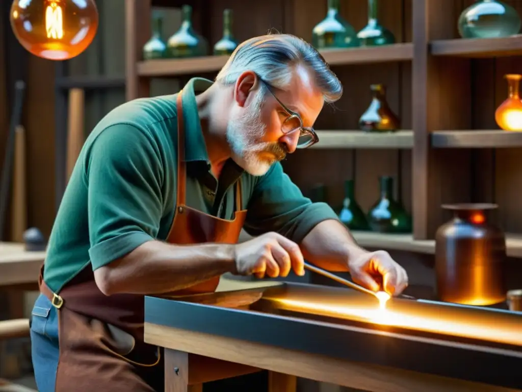 Artesano del vidrio soplando con destreza en un taller cálido y nostálgico, capturando la esencia del diseño soplado de vidrio artesanal