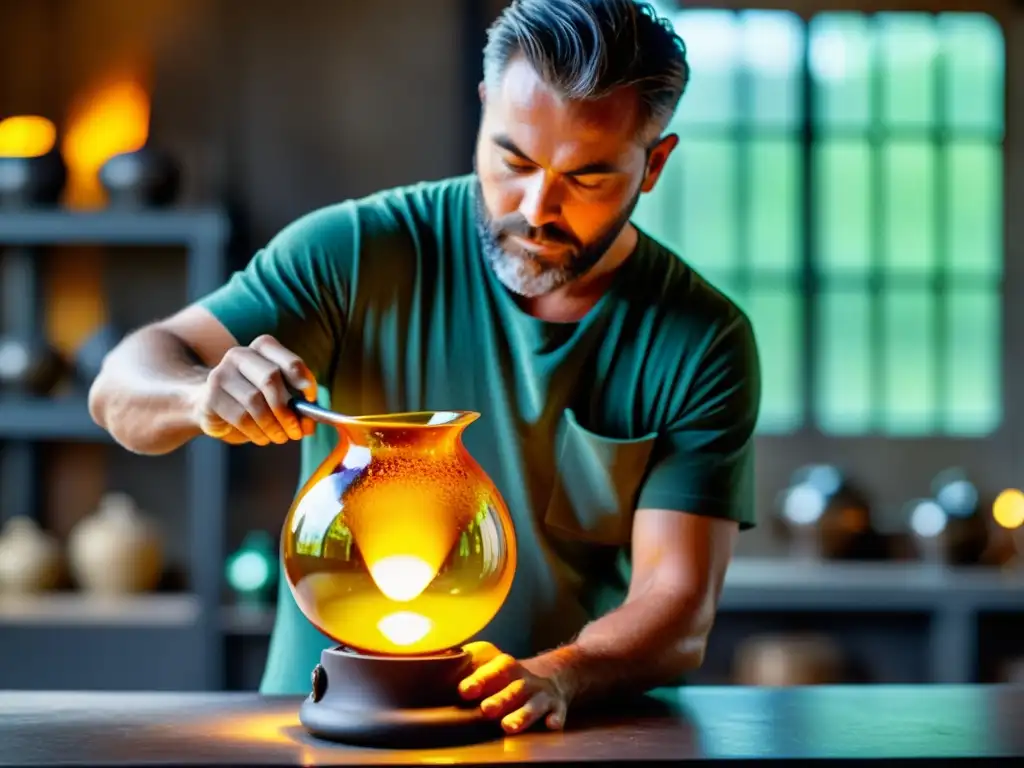 Artesano soplando vidrio en simulación de realidad virtual, bañado por cálida luz natural, creando un elegante jarrón vintage con destreza