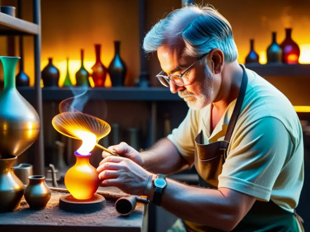 Un artesano del vidrio soplado en su taller iluminado, moldeando con destreza un delicado jarrón