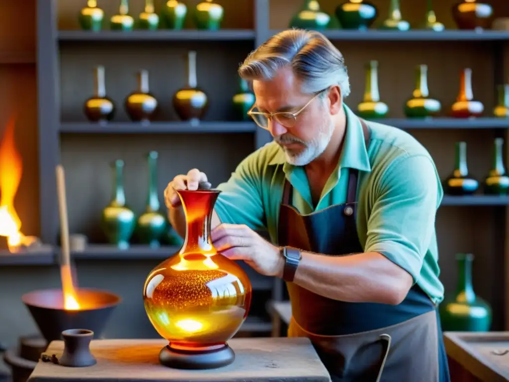 Un artesano de vidrio tradicional moldea con destreza una delicada pieza de vidrio soplado, iluminado por el cálido resplandor del horno