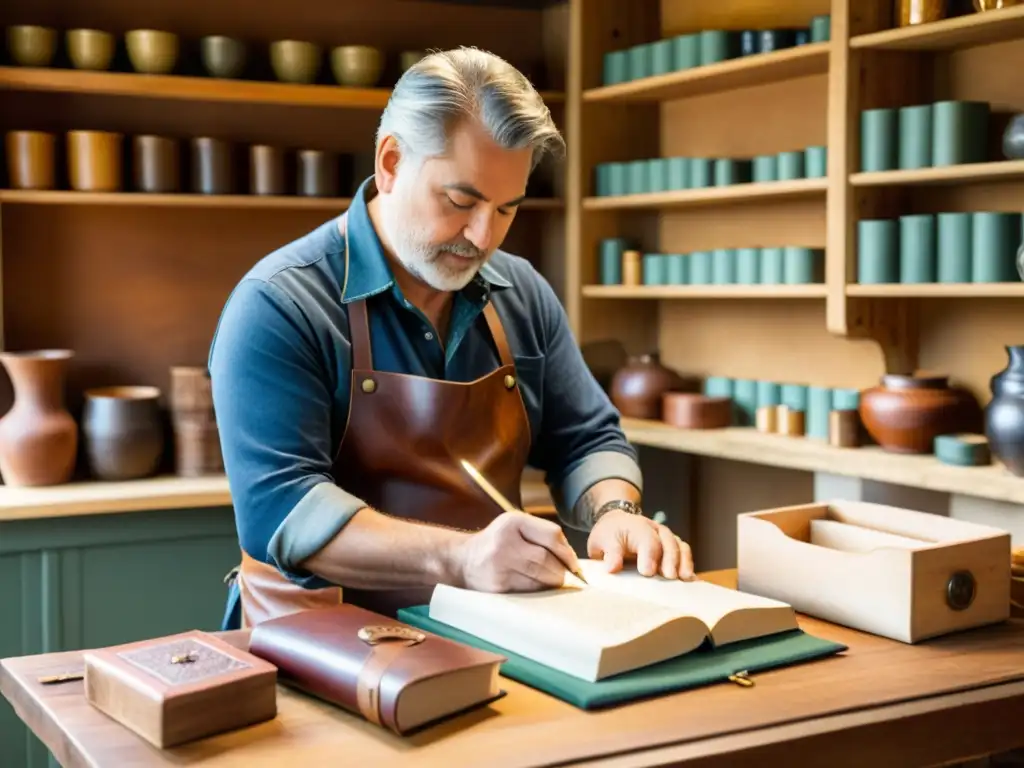 Un artesano vintage crea con detalle un diario de cuero, rodeado de objetos artesanales