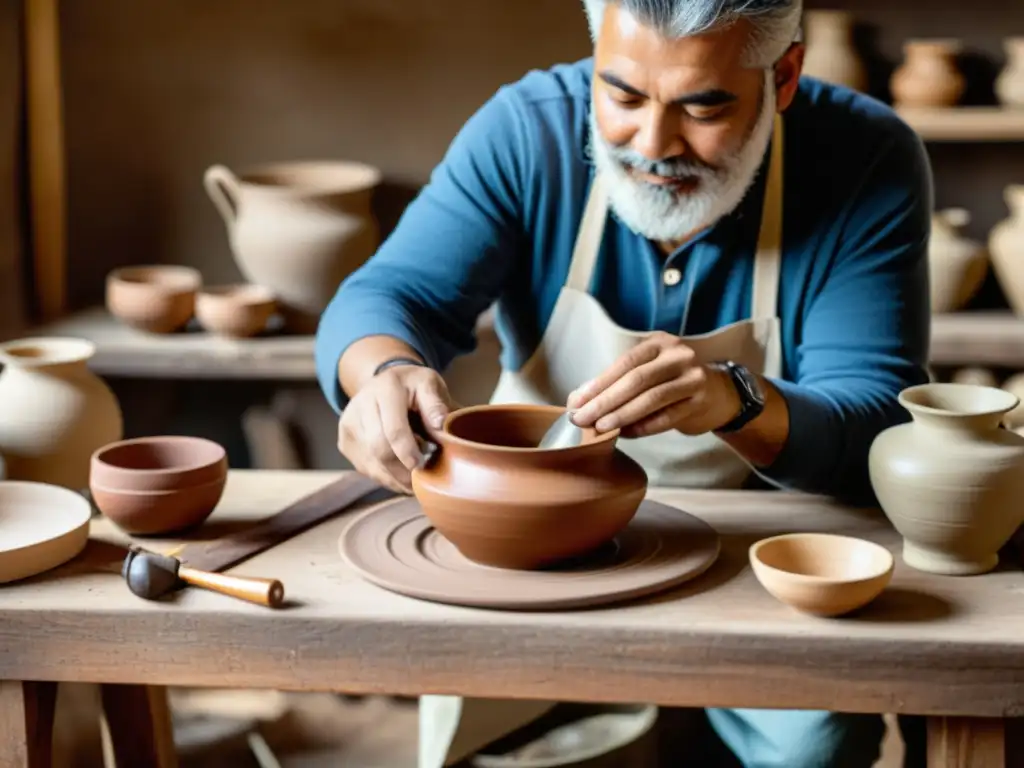 Un artesano vintage crea una hermosa cerámica, rodeado de herramientas rústicas