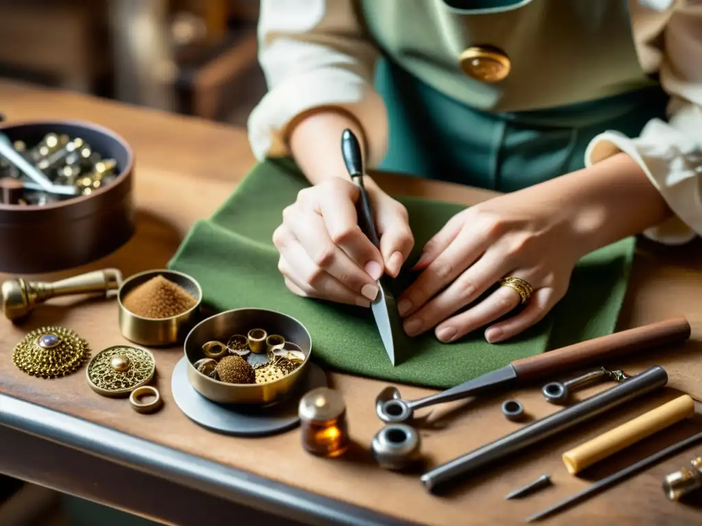 Un artesano crea joyería vintage con herramientas antiguas, evocando historias cautivadoras y tradición artesanal