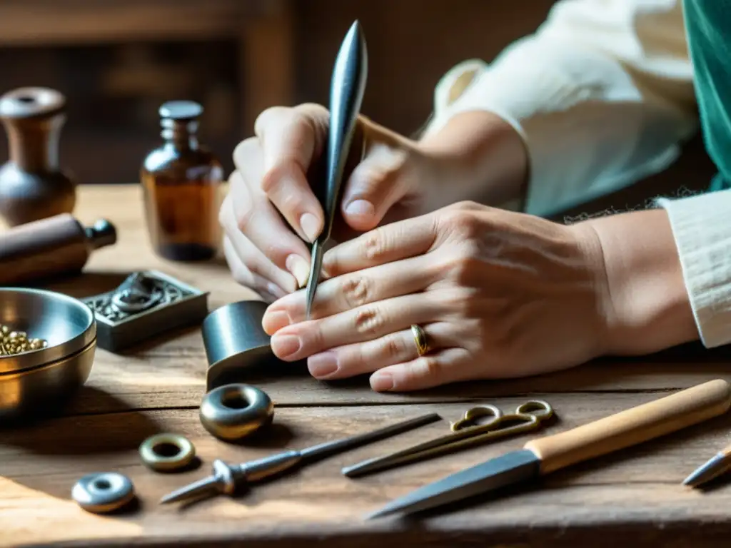 Un artesano hábil crea joyería vintage rodeado de herramientas antiguas en un cálido y nostálgico taller