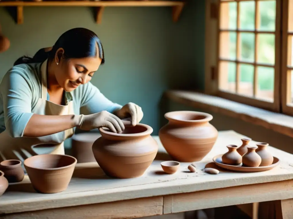 Artesanos moldeando alfarería tradicional en comunidades afectadas, con expresiones enfocadas, iluminados por luz natural cálida