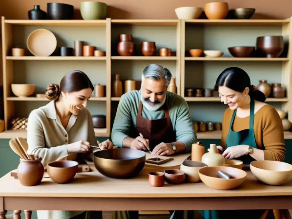 Artesanos en una atmósfera nostálgica y colaborativa, rodeados de herramientas y materiales de artesanía