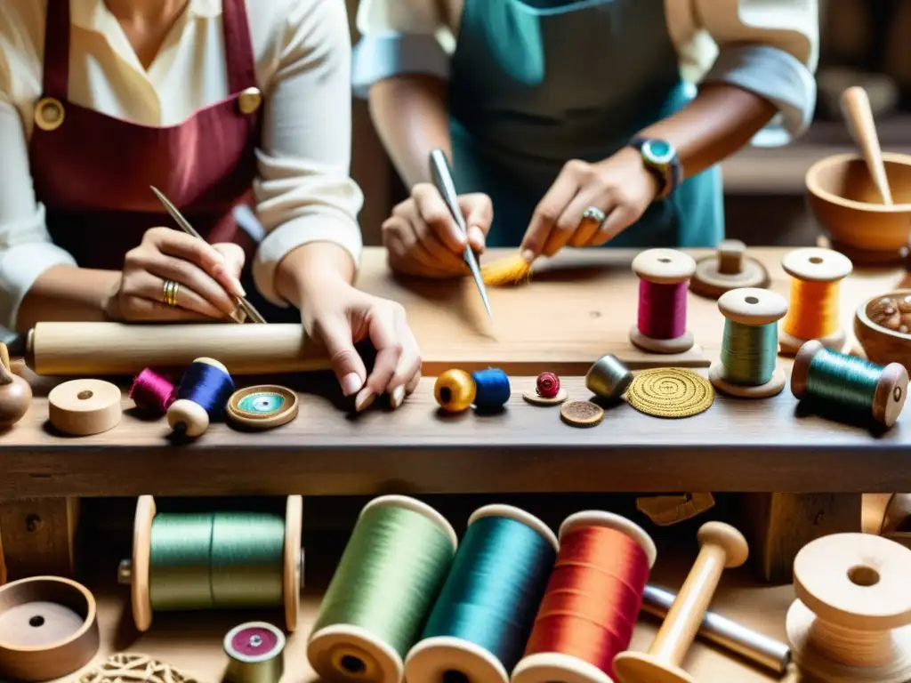 Artesanos colaborando en un banco de trabajo vintage con herramientas y materiales tradicionales