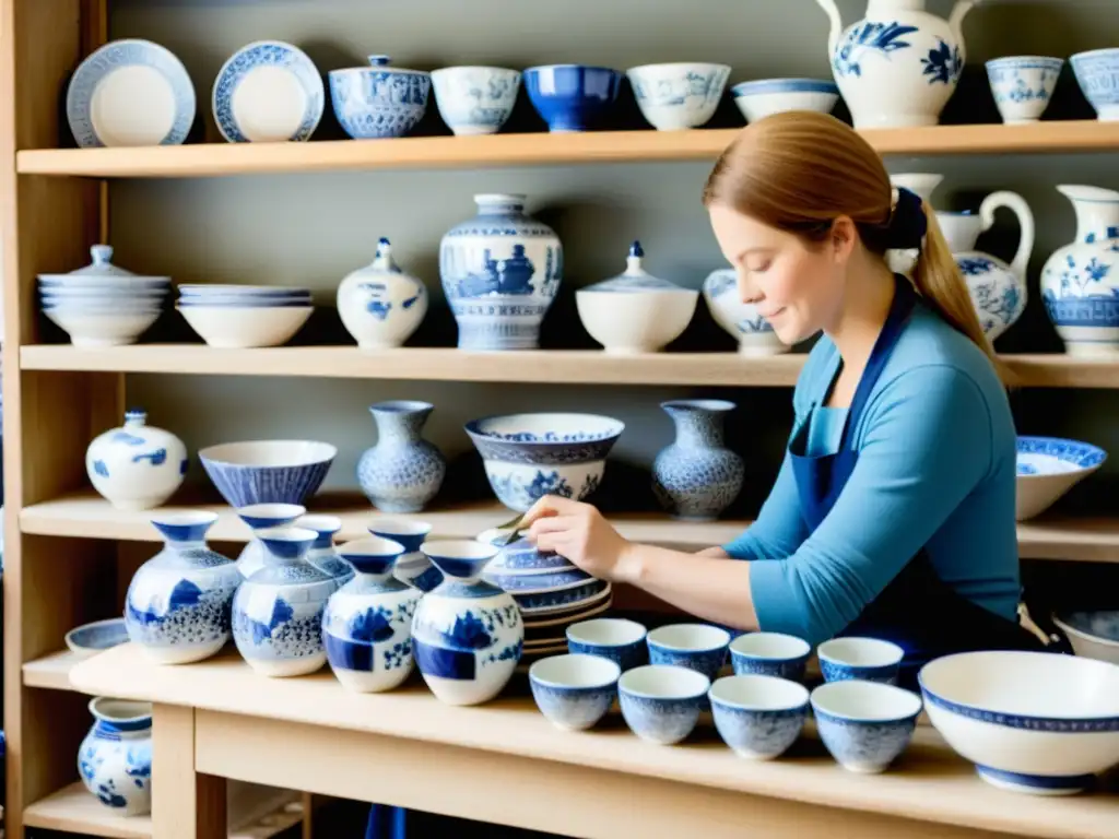 Artesanos de cerámica de Delft pintando delicados diseños azules y blancos en platos y jarrones